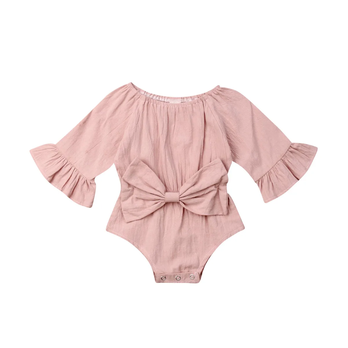 Прямая ; летняя одежда для малышей; новорожденная девочка-Новорожденный боксерские костюмы; одежда; комбинезон с длинными рукавами и расклешенными рукавами; одежда с бантом; Детские костюмы - Цвет: Розовый