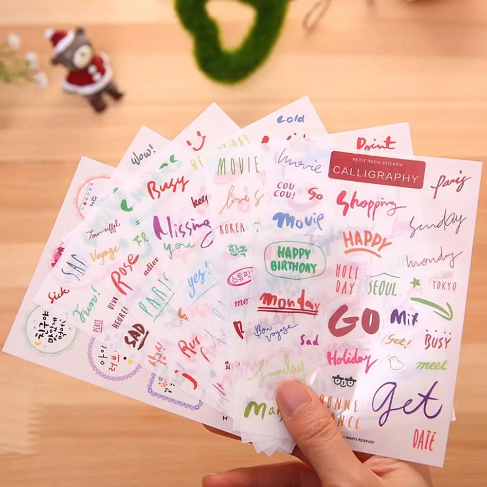

6 Sheets Kawaii Sticker Diary Stickers Transparent Black English Word Student Stationery Sticker