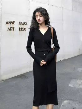 

Knitted Spring Women 2020 Elegant Long Dresses Korean Autumn Black Sweater Dress Maxi Office Vestidos KJ1910