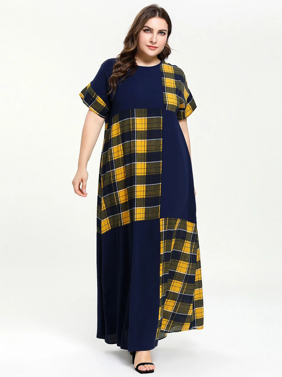 Plaid Contrast Color Elegant Dress Women Summer O Neck Short Sleeve Maxi Long Dress Plus Size Ladies Tunic Abayas Muslim Dresses