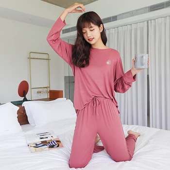 

Women Cozy Soft Pajama Set Autumn Spring Skin-Friendly Comfort Top And Trouser 2 Pieces Sleeping Loose Loungwear Black Pink Red