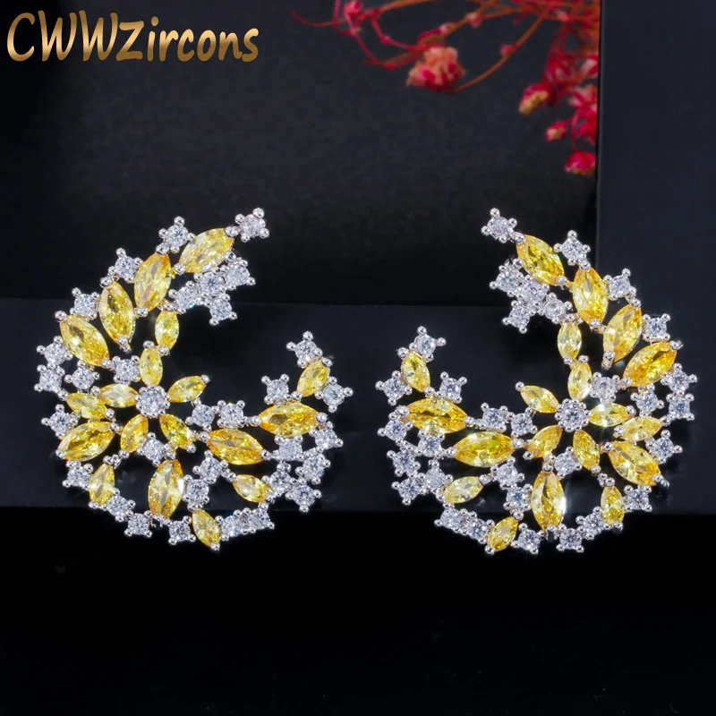 

CWWZircons Unique Elegant Design Silver Color Big Leaf Flower Yellow Topaz Crystal Drop Earrings for Women Fashion Jewelry CZ621