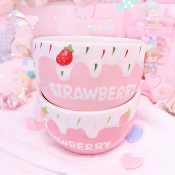 

ins wind girl heart strawberry bowl ceramic relief letters strawberry soft girl fruit salad bowl personality student dessert