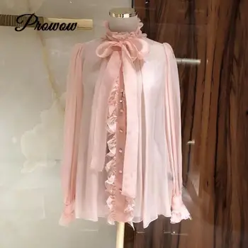 

Runway 2020 Summer Vintage Designer Luxury Ruffles Pink Long Sleeve Chiffon Shirt Women Stand Callor Lace Sexy Blouse Clothes