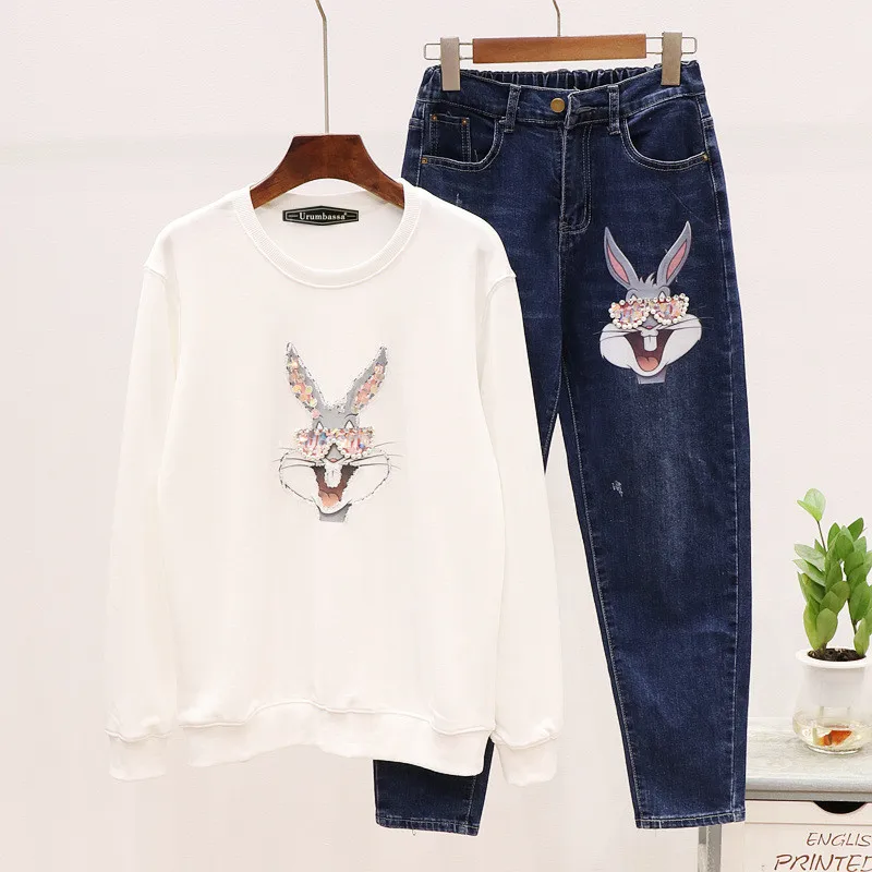 

Europe style women's casual suit 2019 autumn beading rabbit print sweatshirt + elastic waist jeans two piece set A913
