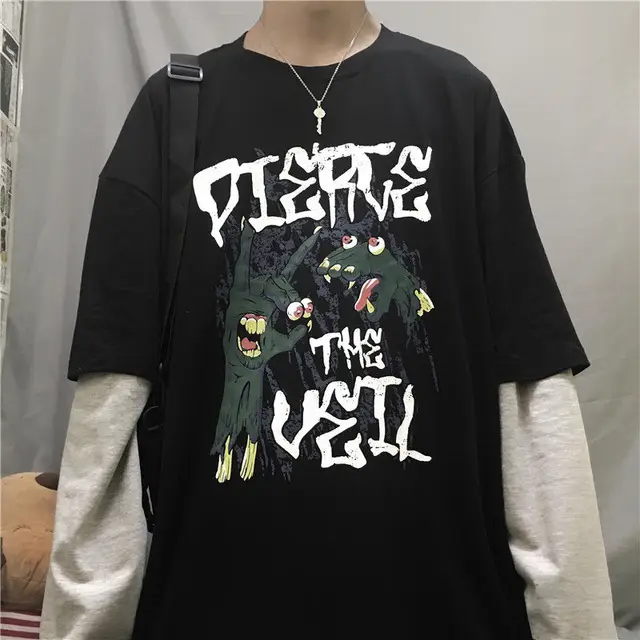 Autumn new trend dark hip-hop cross printing loose large size fake two-piece long-sleeved T shirt for men and women 8