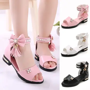 

2020 summer Princess children's shoes Girls Sandals fashion Pearl bow Korean mid heel Sandals Wedding Party Roman shoes EU 27-37