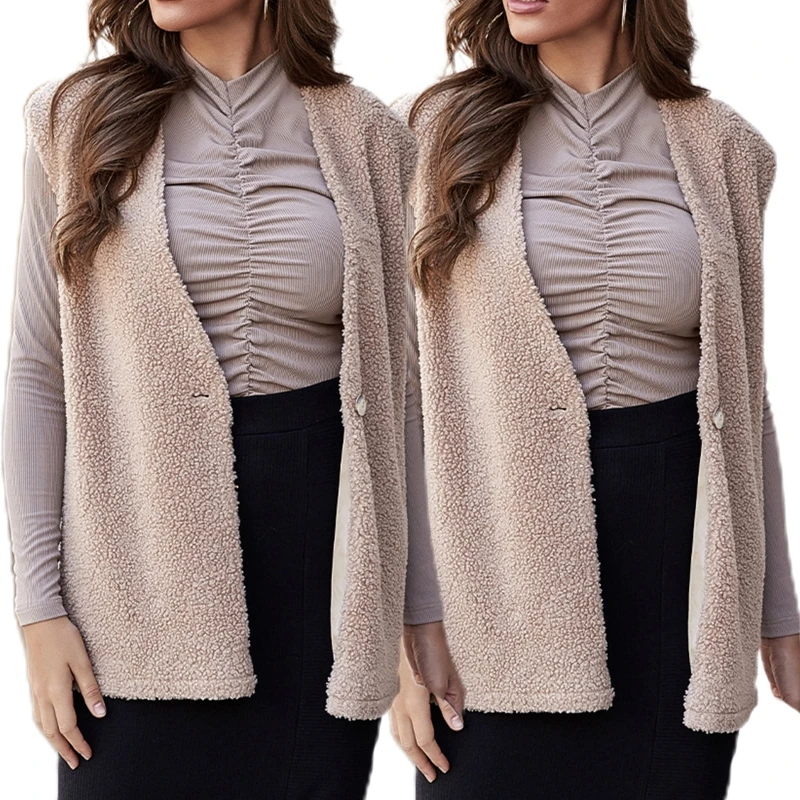 

Women Sleeveless Vest Cardigan Fuzzy Warm Solid Color One Button Loose Long Coat