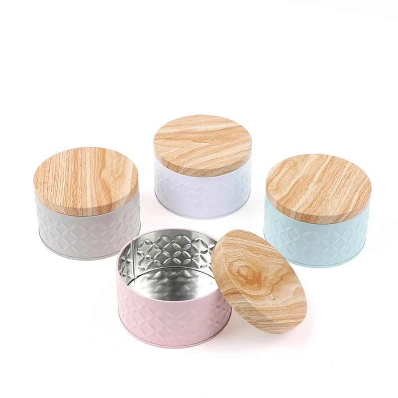 Simple Solid Colour Round Empty Iron Box with Wood Grain Lid Candy Storage Box Jewelry Organizer Home Decor 5