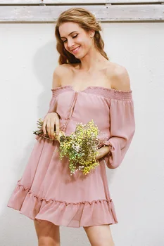 

Summer Clothes For Women Pink Solid Strapless Chiffon Sexy Mini Dress Lantern Sleeve Beach Sundress Vestidos 2020