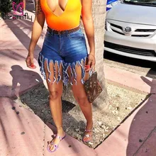 Модные джинсовые шорты с кисточками для женщин, повседневные, размера плюс, высокая талия, обтягивающие шорты, джинсы, летняя уличная одежда, сексуальные Клубные мини шорты