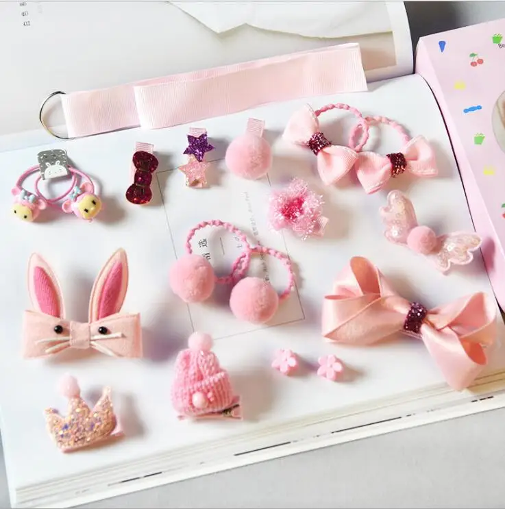 18 шт., комплект одежды для головы, Детские эластичные заколки для волос с бантиком, корона, кролик, цветок, заколки для волос, детский бант, подарок для девочек, A86 - Цвет: pink set