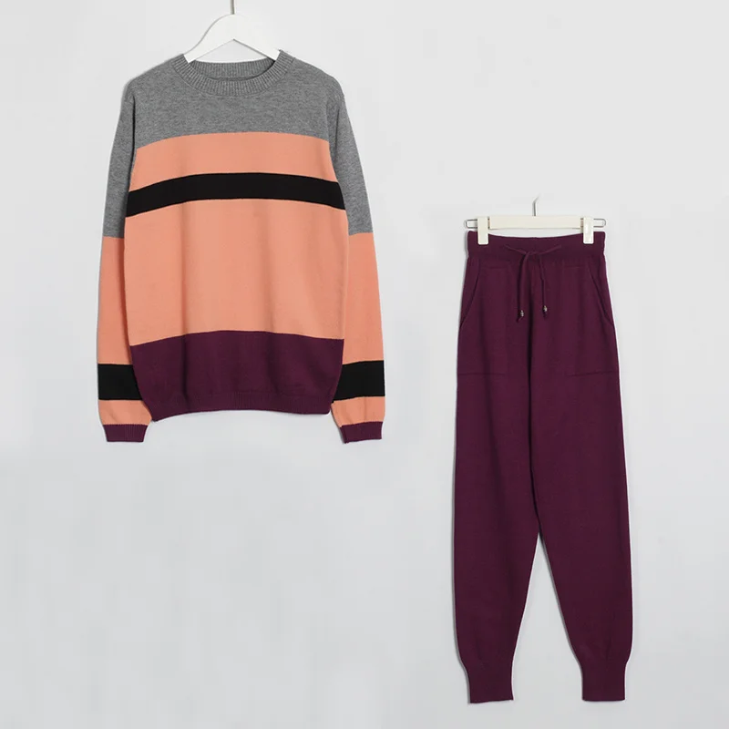 Orange Wine Red Pant Wixra Женские повседневные трикотаж костюм комплект с длинным рукавом свитер брюки штаны кэжуал база базовая тренды повседневная Зима весна осень новые стильные кэжуал 2 части - Цвет: Orange Wine Red Pant
