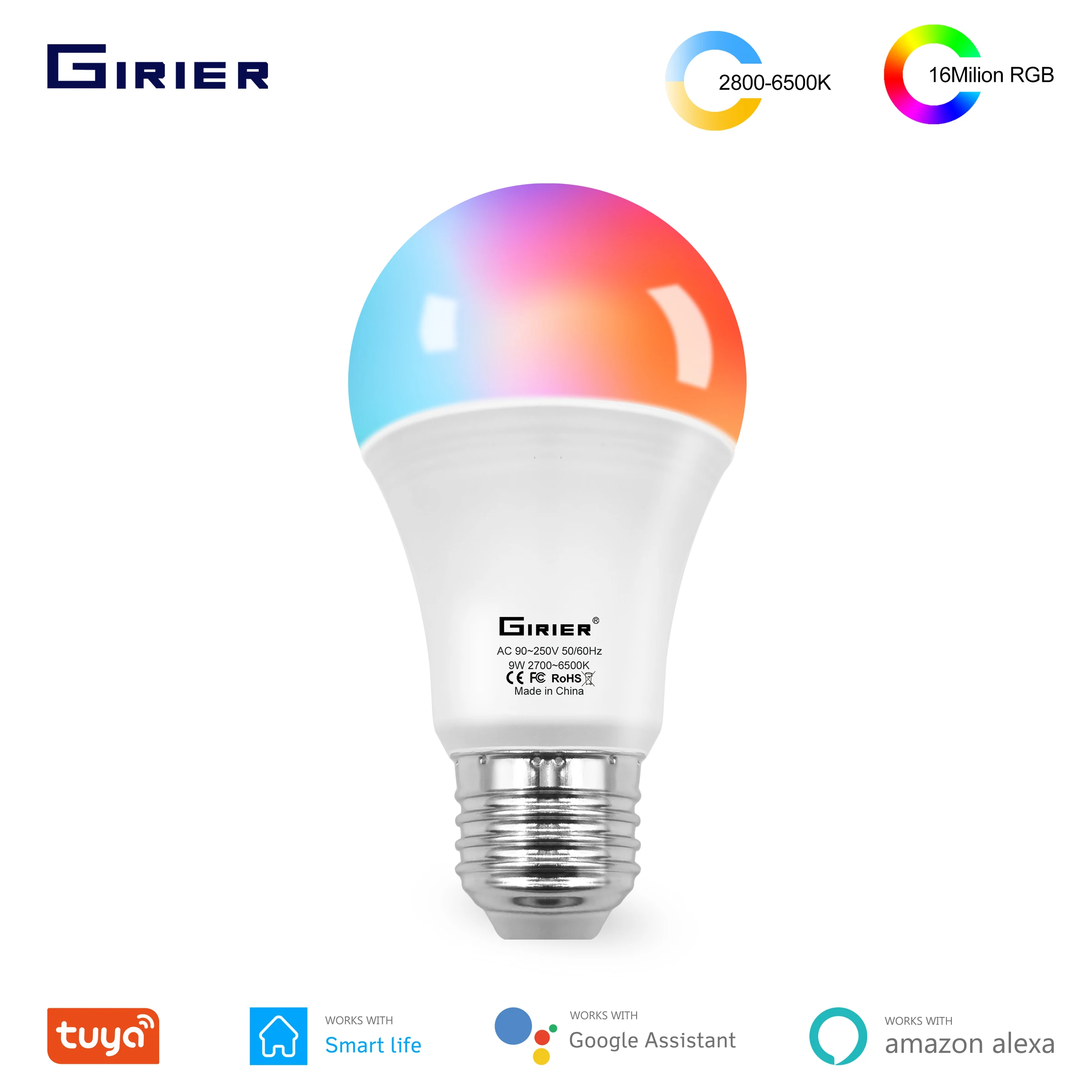 Lampadina Led Girier Tuya Smart E27, Lampadina Cambia Colore Rgb Dimmerabile 12W/15W, Funziona Con Alexa Hey Google, Nessun Hub Richiesto