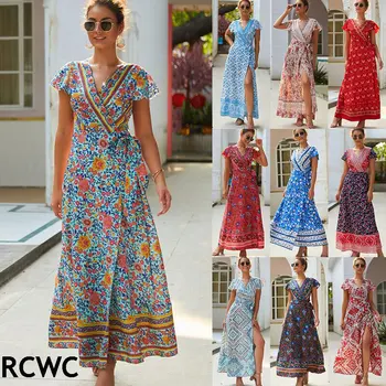 

RCWC famous brand dress summer autumn women's dress leisure vacation printing mid-waist short-sleeved sexy long dress for women
