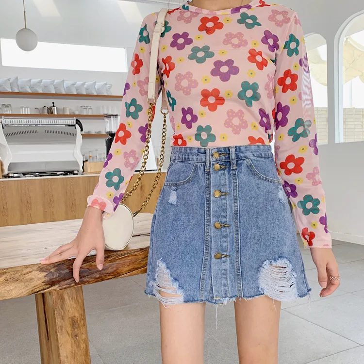 

Spring and summer new women's short skirt retro Hong Kong style high waist ins thin skirt A-line loose denim skirt