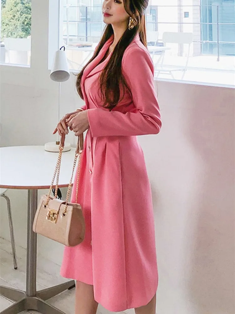 Корейский осень женский розовый элегантный длинный плащ пальто шикарная квадратная пряжка OL Тонкий Верхняя одежда длинный рукав Тренч casaco feminino