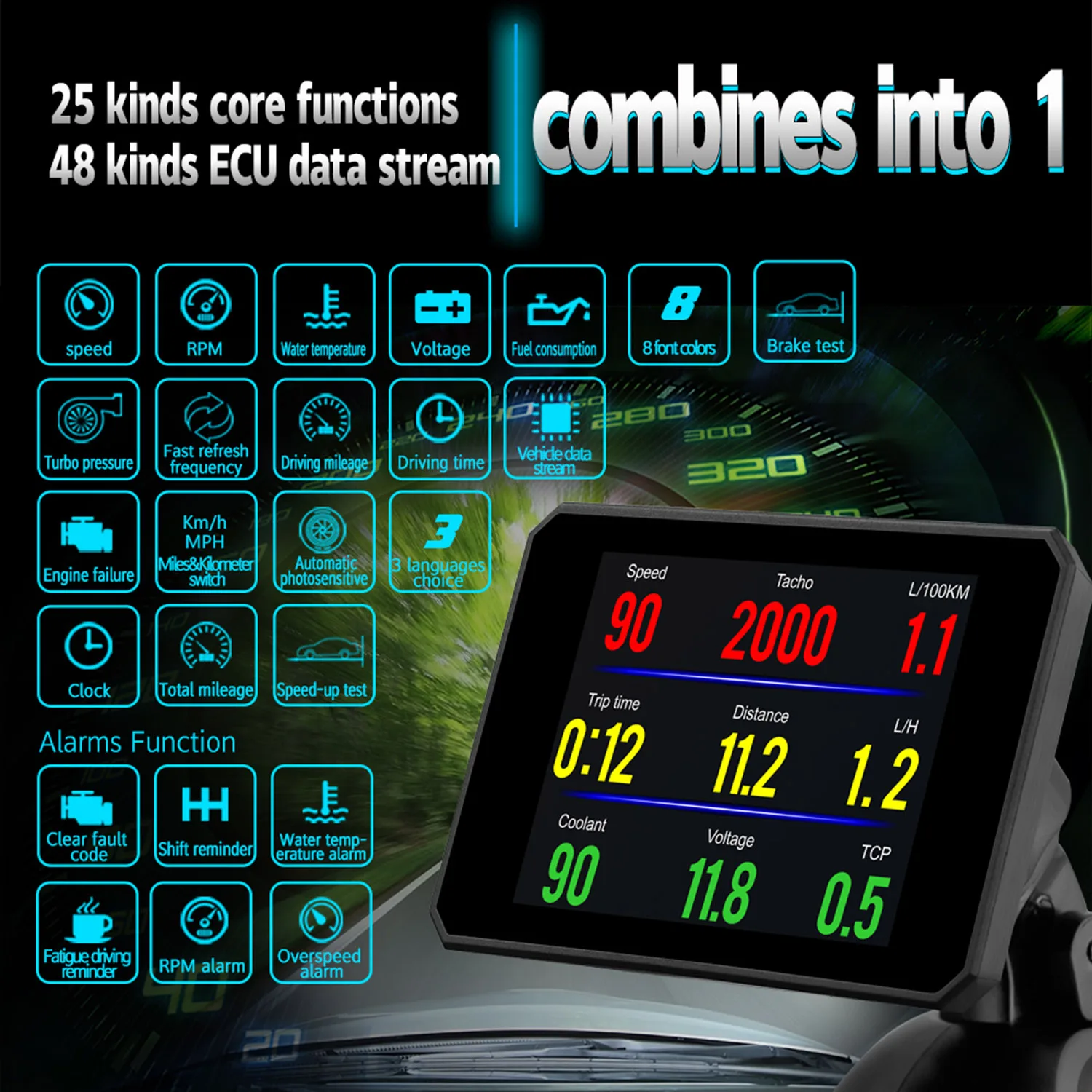 Головой вверх Дисплей OBD Smart HUD Авто Цифровой измеритель OBD2 Порты и разъёмы
