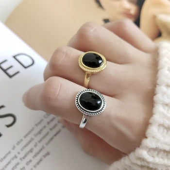 

Chuyau 925 sterling silver black agate rings gold silver vintage round elegant temperament open rings for women fine jewelry