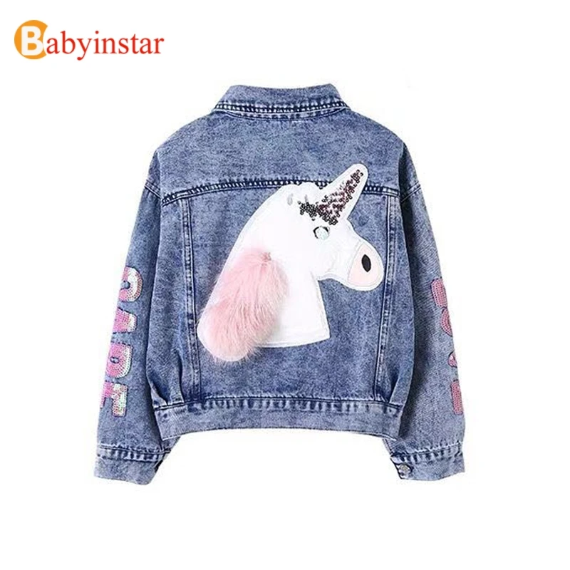 Babyinstar/эксклюзивная одежда; детская одежда с блестками и буквенным рукавом; осенняя одежда для маленьких девочек; верхняя одежда; джинсовые куртки с единорогом для девочек