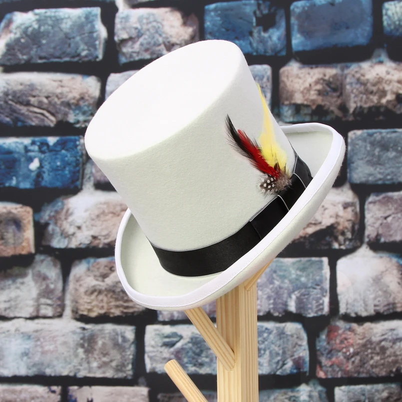 GEMVIE 17 см белая шляпа шерстяного войлока ручной работы перо шляпа-цилиндр для Для мужчин Для женщин костюм безумного Шляпника фетровая шляпка шерстяная шляпа волшебника фигурки жениха и невесты;