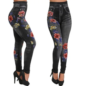

Women Flower Print Jeans Leggings 2020 Spring Summer Slim Mock Pocket Print Leggings Ladies Denim Skinny Trousers