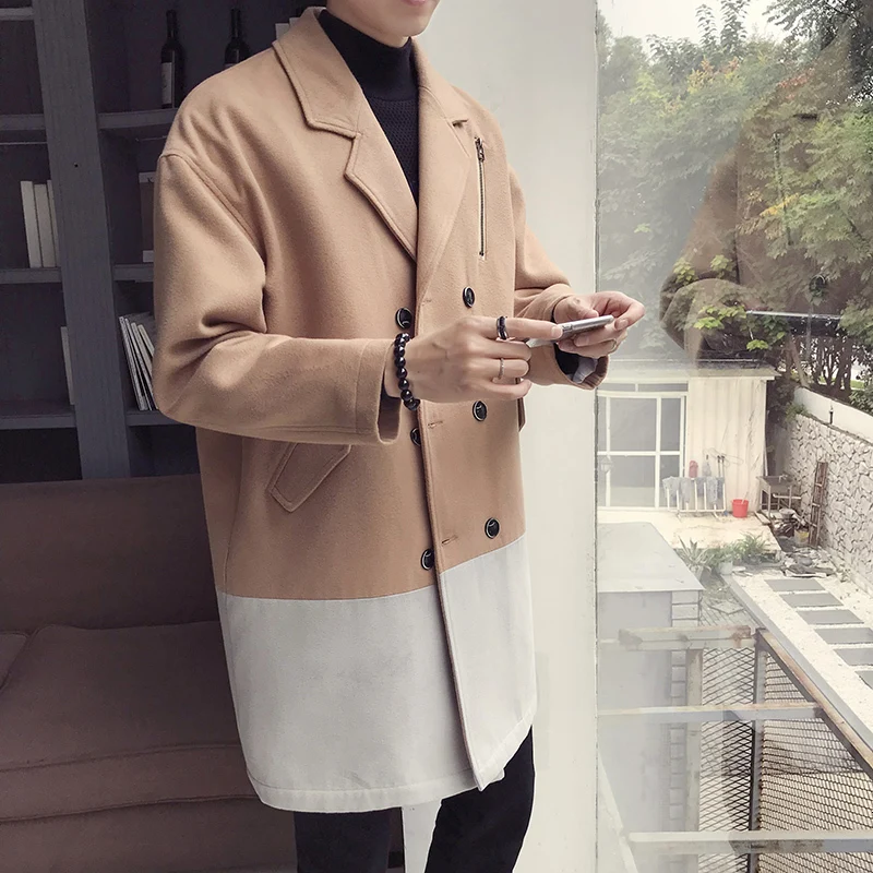 

British Style Autumn Slim Fit Men Loose Coat Hoop Decoration Long Wool Windbreaker Basics Spelling Color Woollen Overcoat