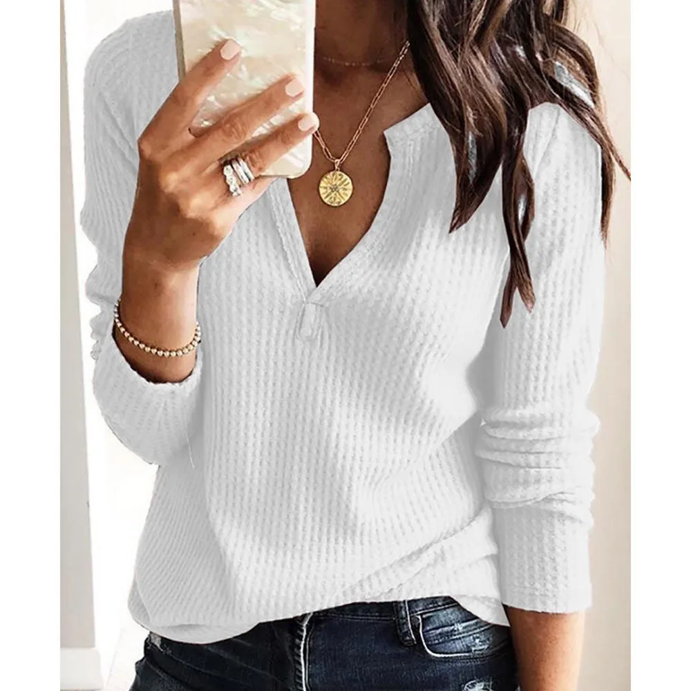 

Women's Fashion Sweatshirt Womens Long Sleeve Lady Casual Solid V-neck Long Sleeve Tops Shirt Blouse