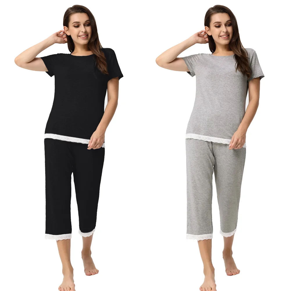 Women's 2pcs Set Comfy Modal Sleepwear Short Sleeve Tops+Cropped Pants summer comfortable stretch nightwear ladies Pajama sets