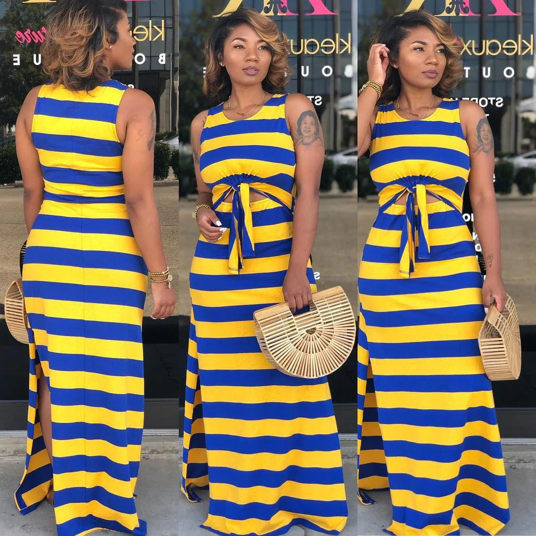 

2PCS Women Sexy Sleeveless Striped Crop Top Long Split Skirt Set Summer Casual Clubwear Party Dresses
