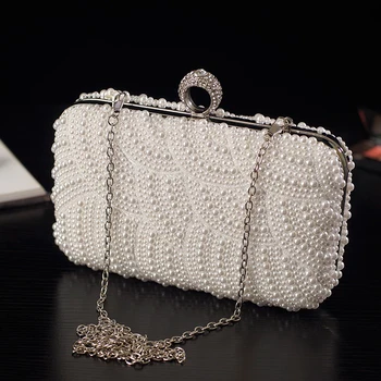

Women Fashion Evening Bag White Pearl Beaded Pure Color Elegant Lady Girl Party Bag Crossbody Shoulder Handbag Metal Frame Flap
