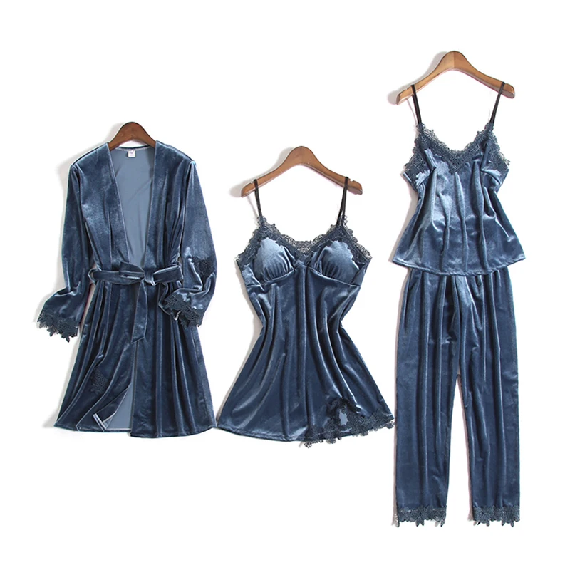 Золотые бархатные пижамы для женщин 4 шт. зимний костюм домашняя одежда женский элегантный кружевной халат пижамные комплекты одежда для сна без рукавов ночное белье - Цвет: Gray blue