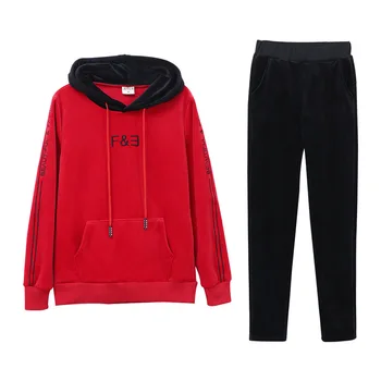

Autumn winter gold velvet thick warm hooded running Long Sleeve Fashion leisure sports suit two-piece female Velour Tracksuit