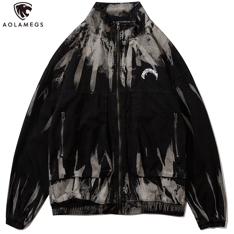 

Aolamegs Denim Jackets Men Washed Gradient Punk Print 2020 Hipster High Street Zipper Casual Bomber Jacket Coats Men Streetwear
