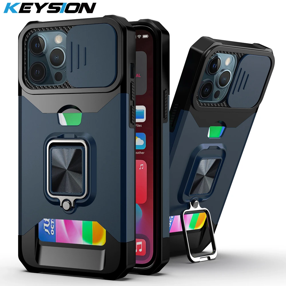 KEYSION Shockproof Case for iPhone 13 Pro Max 12 11 With Card Slot Push Pull Camera Protection Phone Cover for iPhone XS Max XR best cases for iphone 13 pro max