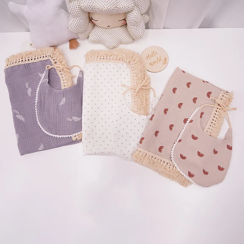 2pcs/pack Baby Muslin Swaddle Blanket Bib Set Newborn Baby Fringed Edge