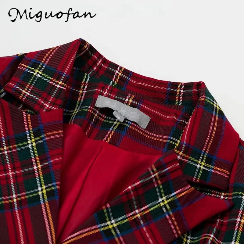 Miguofan осенний Женский Длинный блейзер, платье, Красный Клетчатый офисный Женский блейзер, куртки с разрезом, элегантные офисные блейзеры, Женский блейзер
