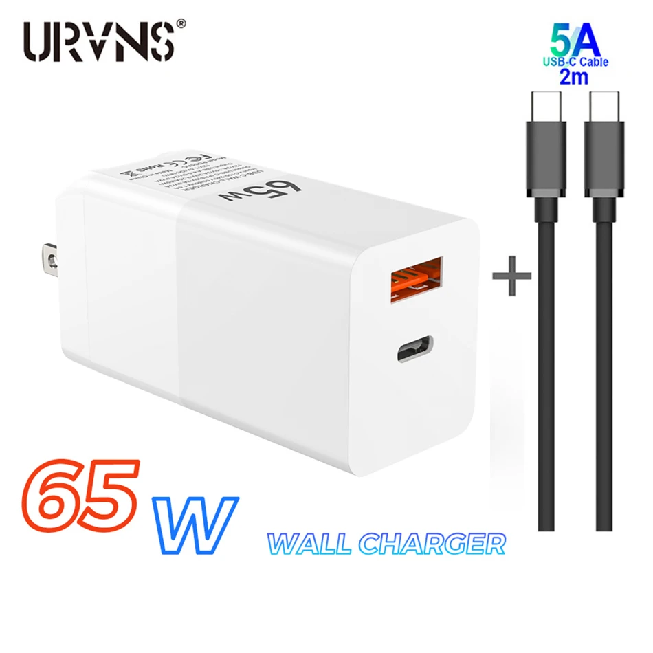 

URVNS 65W USB C GaN Charger Quick Charge 3.0 Type C PD Fast Adapter with QC3.0 Portable Power Adapter For iPhone Xiaomi Laptop
