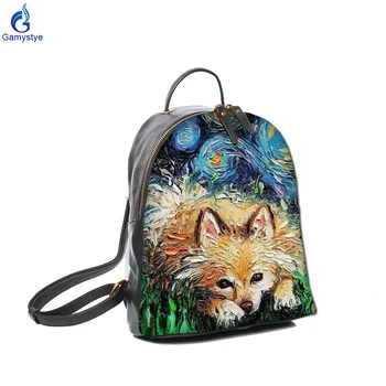 

2020 NEW Fashion Custom Graffiti Real leather Backpack bag Art Paint Van Gogh Star DOG FOX Women's backpack bag Genuine leather