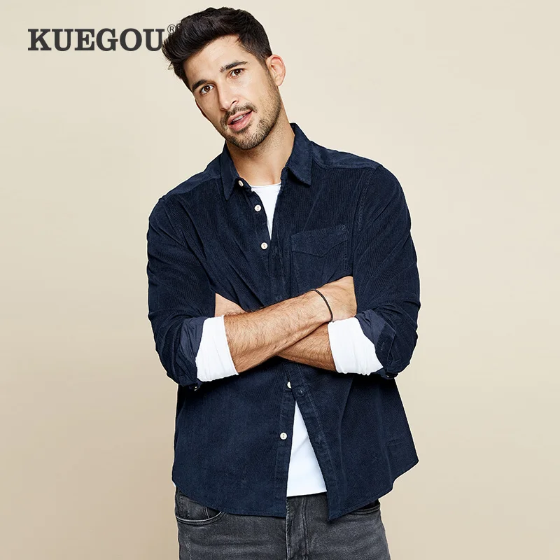 KUEGOU осень хлопок толстая синяя рубашка мужская одежда на пуговицах Повседневная приталенная с длинным рукавом для мужчин Модная брендовая блуза 6626