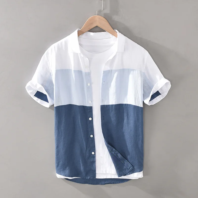Slim-Shirts Short-Sleeve Fabric Japan Casual Fashion Men Summer 100%Linen Harakuju Patchwork