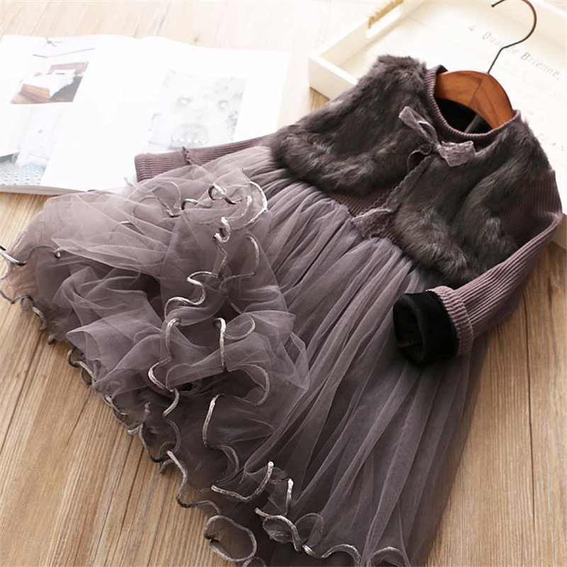Cute Princess Lace Dress for Autumn Children Wedding Party vestidos Clothes Fur Kids Dresses for Girls Winter Ball-Gown Clothing