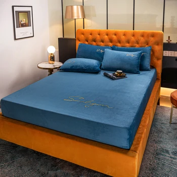 

Winter warm Fitted Sheet Solid color Mattress Cover High end embroidery With Elastic Bed Sheet Queen King Sheets