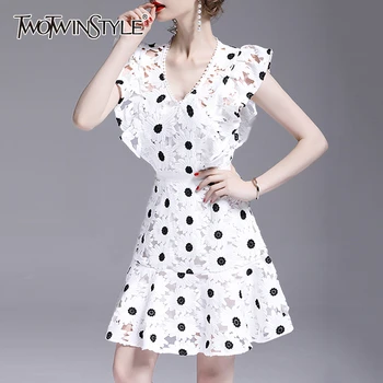 

TWOTWINSTYLE Casual Patchwork Lace Print Dresses Female V Neck Butterfly Sleeve High Waist Hit Color Hollow Out Dress Women Tide