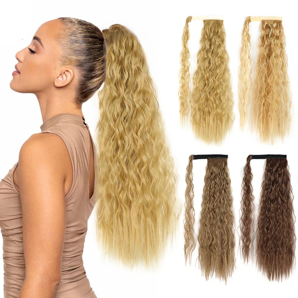 My-Diva Long Corn Curly Ponytail  Synthetic Hairpiece Wrap on Clip-In Hair Extensions Ombre Brown Pony Tail Blonde