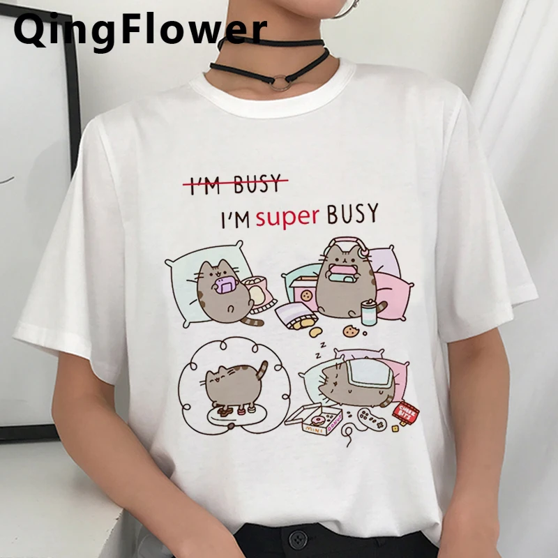 Pusheen gato Kawaii Funmy de dibujos animados T camisa las mujeres que estoy ocupado lindo camiseta Anime Harajuku Ullzang 90s camiseta camisetas superiores de gráficos Mujer