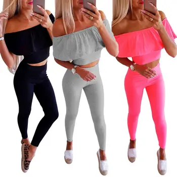 

Two Piece Set Tracksuit Women Two Pieces Outfits Casual Off Shoulder Solid Top And Pants Summer Womens Clothing 2019