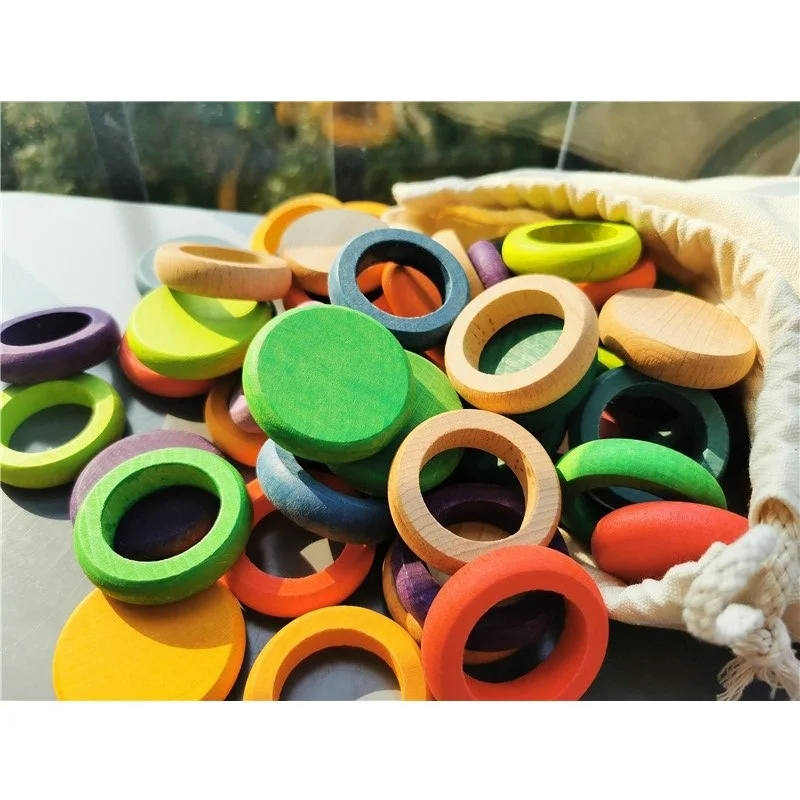 Juguete de haya de madera para niños, 12 colores, monedas y anillos de arco iris, bloques apilables, piezas naturales sueltas, juguete creativo