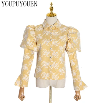 

2020 Spring Embroidery Retro Blouse Palace Style Puff Sleeve Rhinestone Buckle Stitching Mesh Shirt Women Fashion Elegant Top