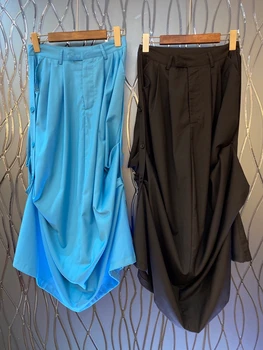 

2020 Early Autumn New Women's Elastic Waist Decoration Symmetrical Pocket All-match Wrinkled Solid Color Long Skirt 903
